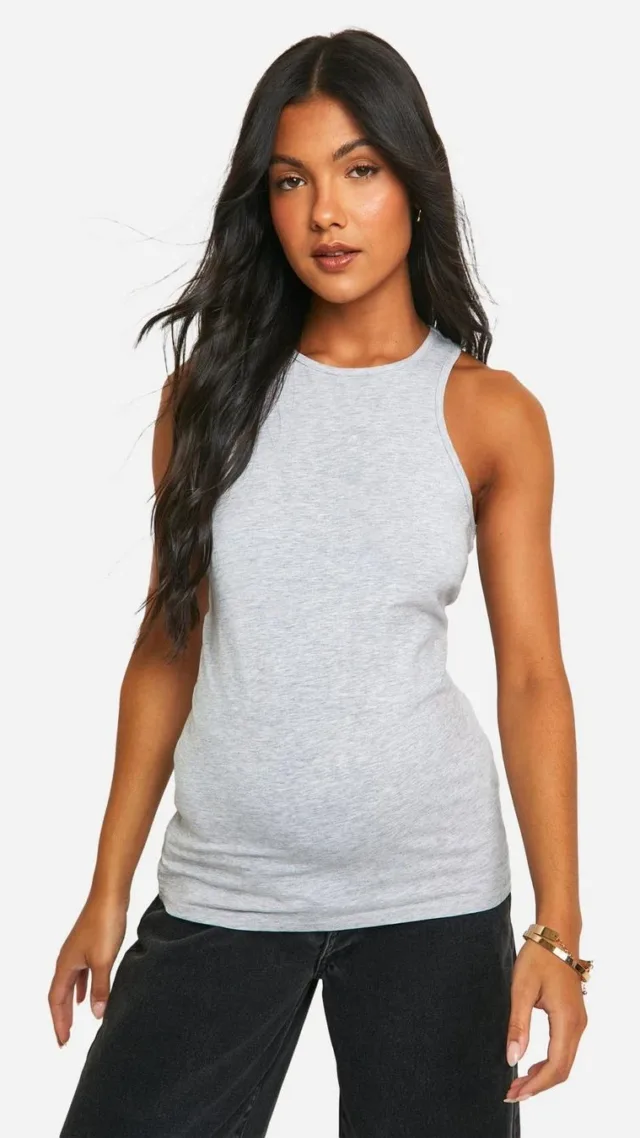 Grey Marl Maternity Basic Racer Neck Tank Top Top