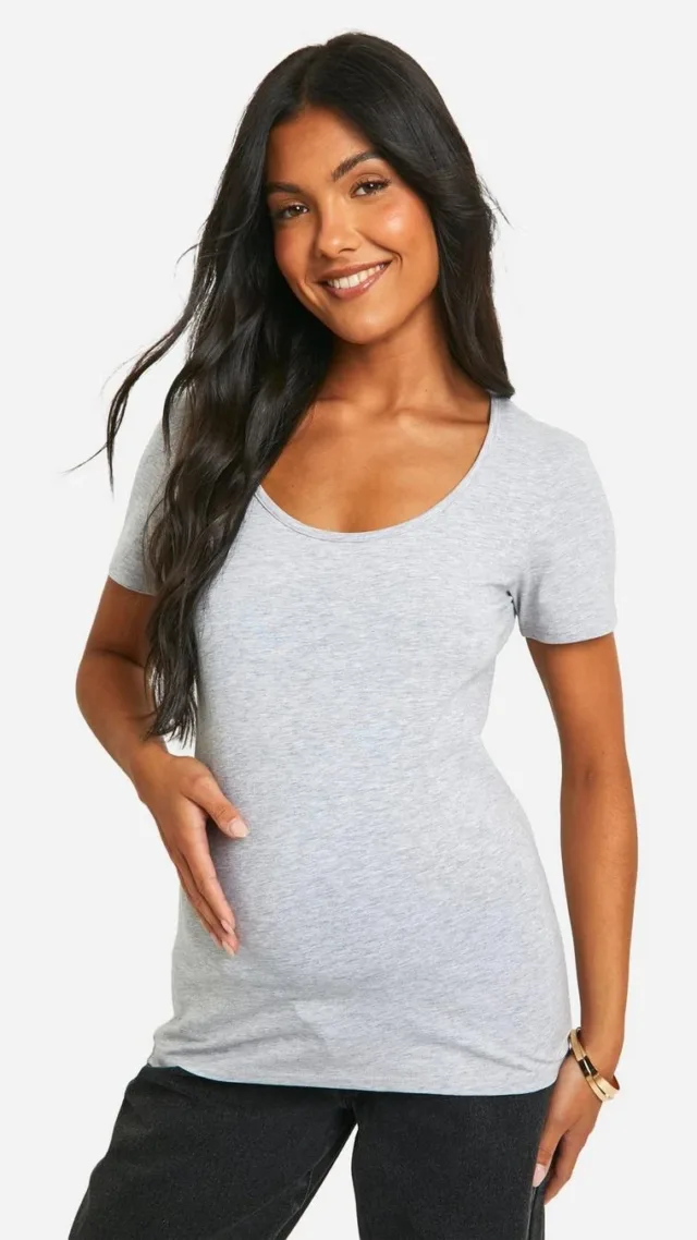 Grey Marl Maternity Basic Scoop Neck Short Sleeve T-Shirt