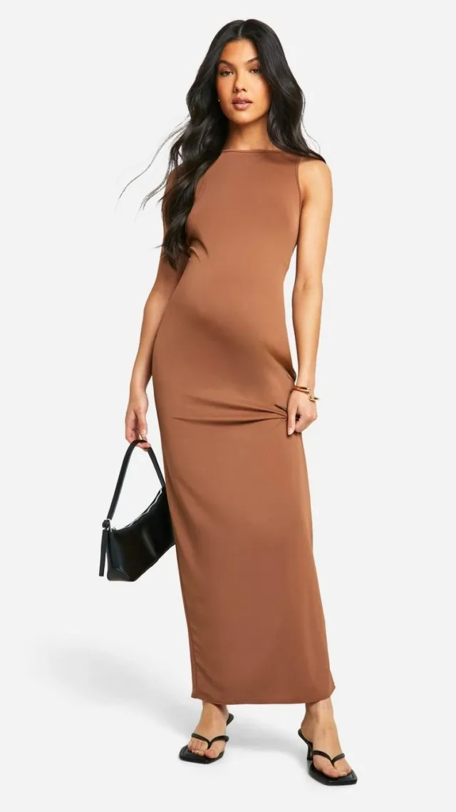 Light Brown Maternity Premium Slink Racer Neck Midi Dress