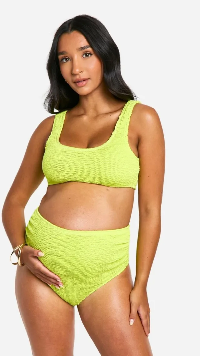 Lime Maternity Crinkle Scoop Neck High Waisted Bikini Set