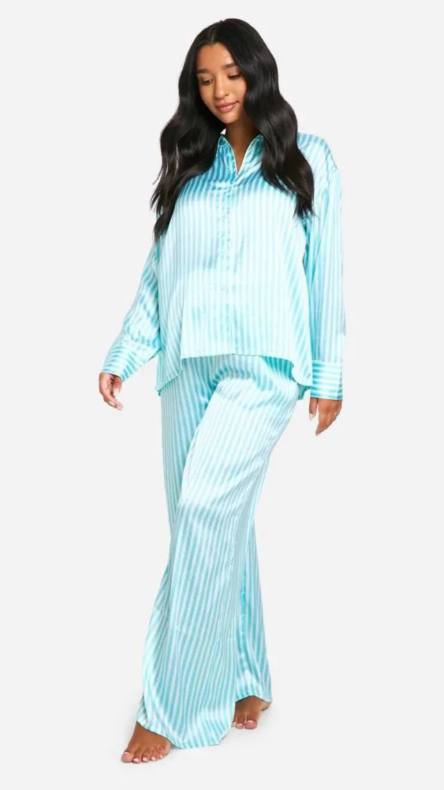 Maternity Green Stripe Button Up Satin Pj Set