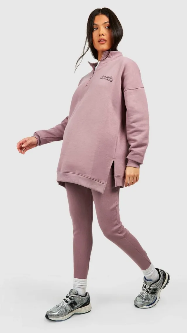 Mauve Maternity Half Zip Oversized Sweat And Rib Legging Set