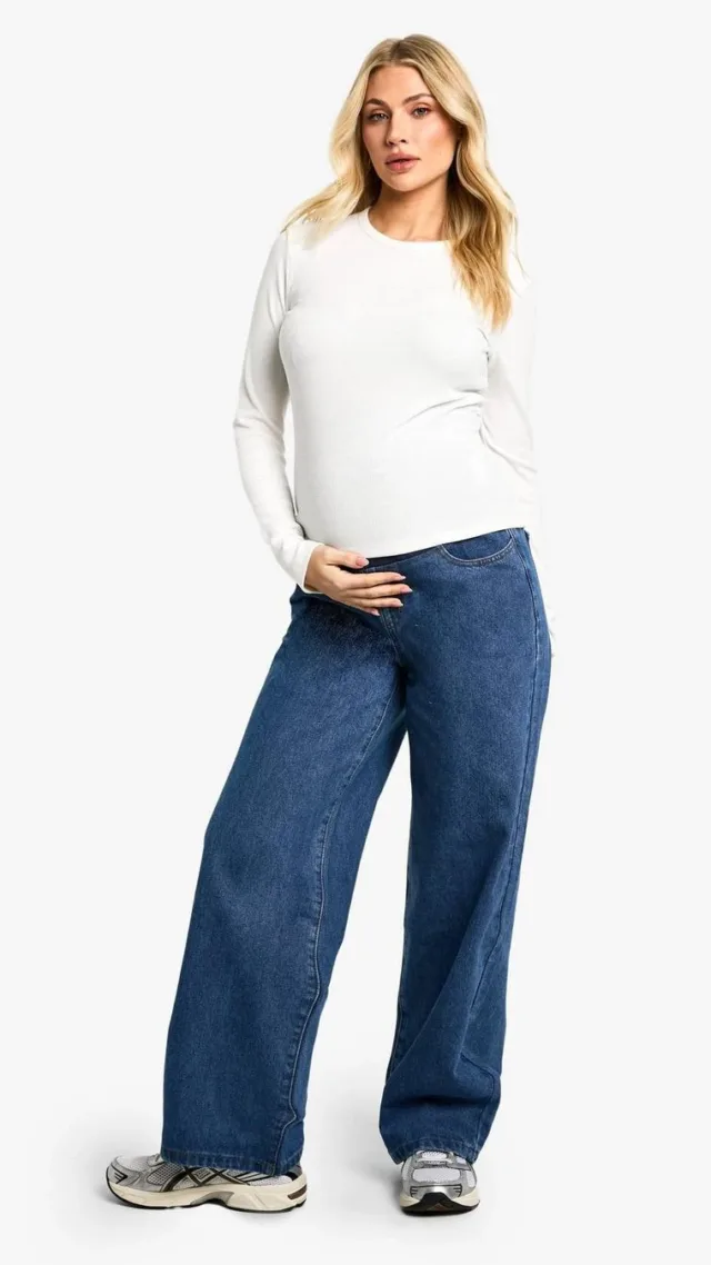 Mid Blue Maternity Over The Bump Wide Leg Jeans