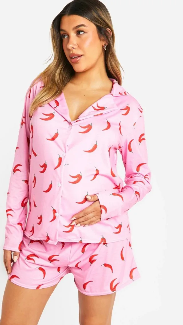 Pink Maternity Chilli Print Long Sleeve Shirt & Short Pj Set