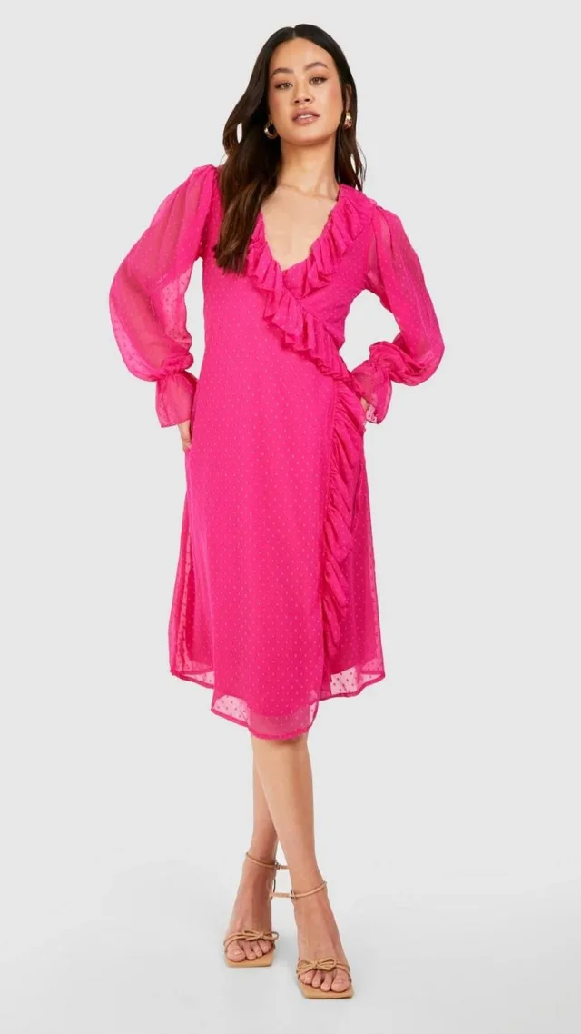 Pink Maternity Dobby Frill Wrap Midi Dress