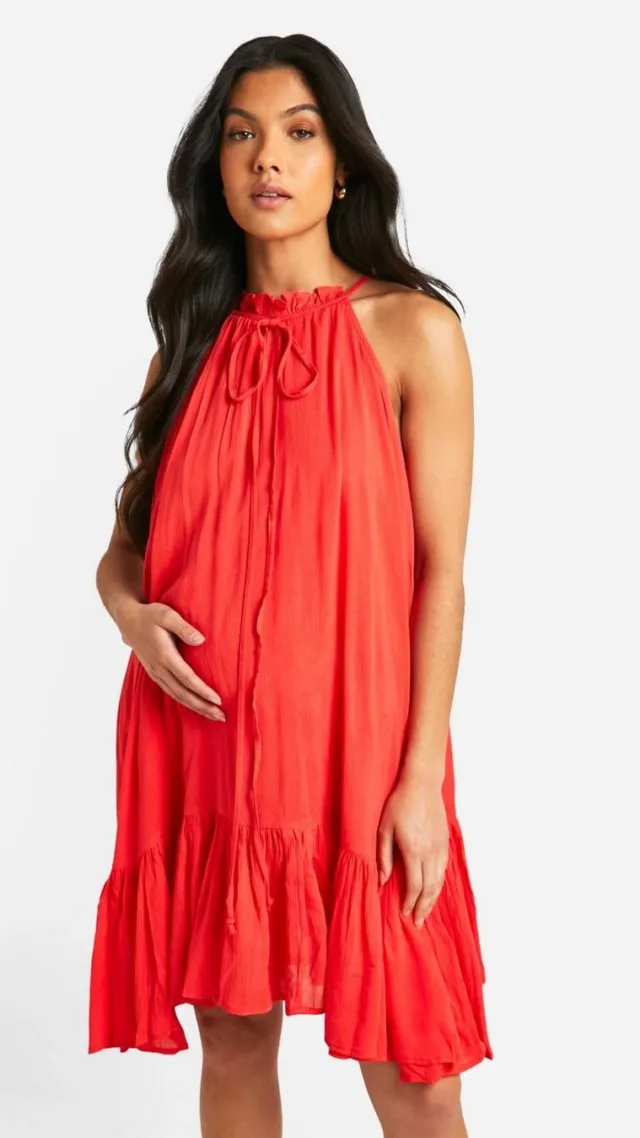 Red Maternity Cheesecloth Sleeveless Smock Dress