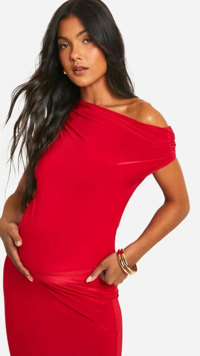 Red Maternity Slinky Asymmetric Neck Top