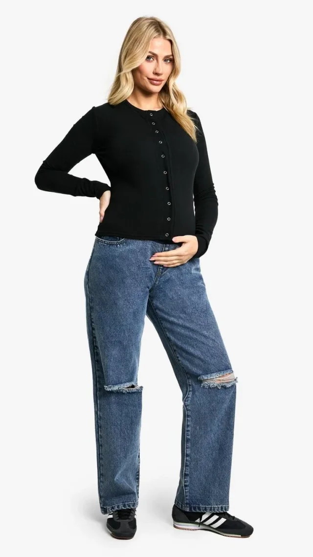 Vintage Blue Maternity Over The Bump Ripped Knee Boyfriend Jeans