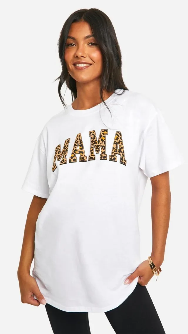 White Maternity Mama Leopard Print Oversized T-Shirt