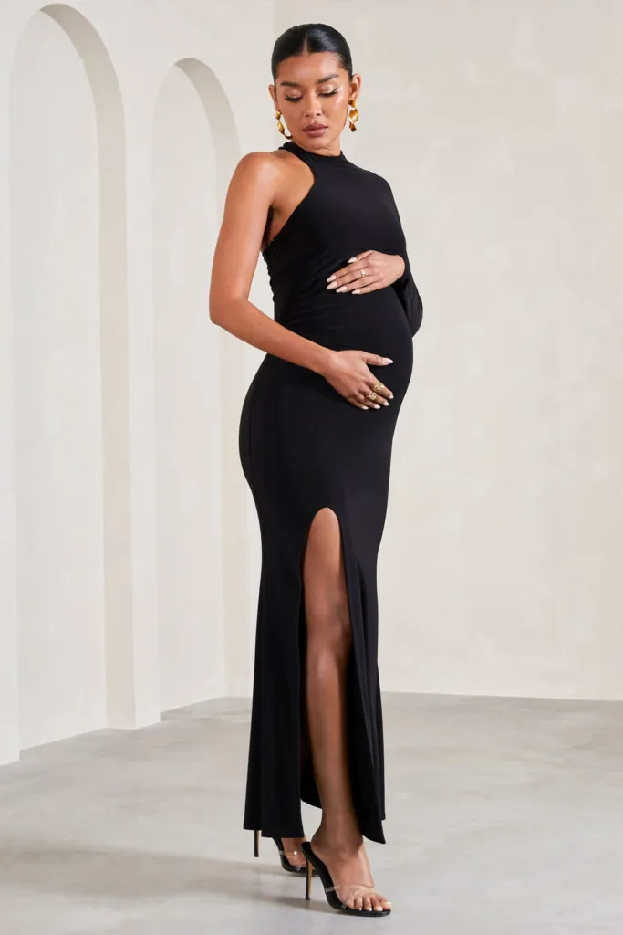 Black One-Sleeved Split Maternity Maxi Dress