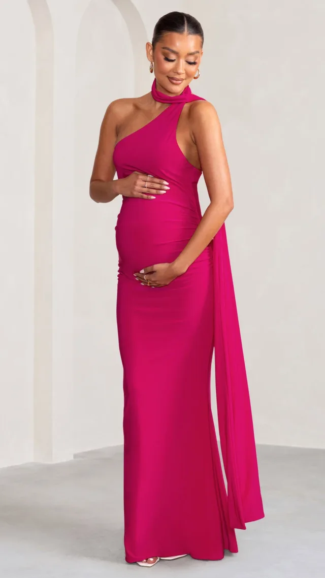 Hot Pink Maternity Asymmetric Maxi Dress With Cape Detailing