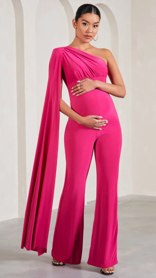 Hot Pink Maternity One Shoulder Cape Jumpsuit