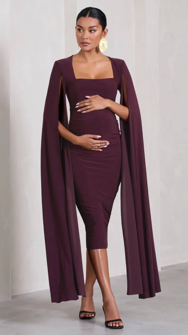 Plum Maternity Square Neck Midi Dress With Cape Sleeves