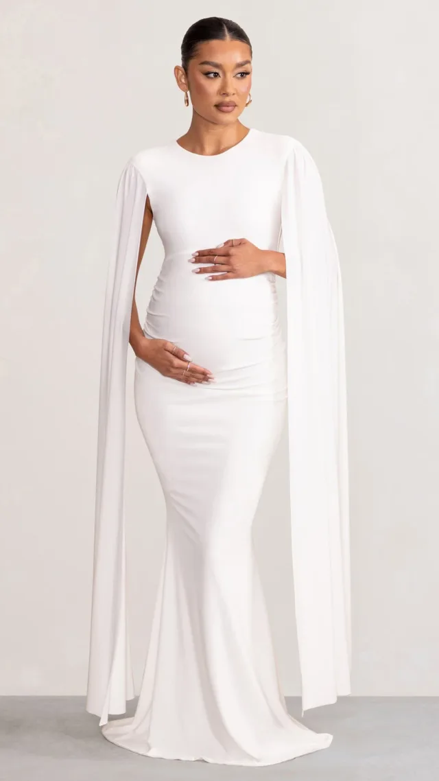 White Maternity Maxi Dress With Cape Sleeves