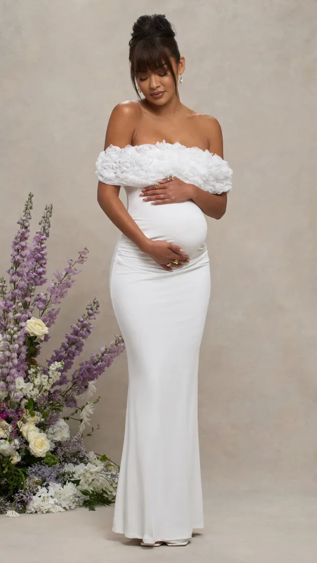 White Mesh Floral Bardot Maternity Maxi Dress