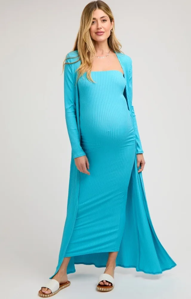 Aqua Ribbed Sleeveless Dress Cardigan Maternity Set