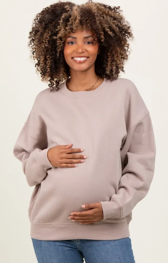 Beige Basic Fleece Crewneck Maternity Sweatshirt