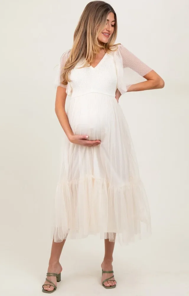 Beige Dotted Tulle Smocked Maternity Midi Dress