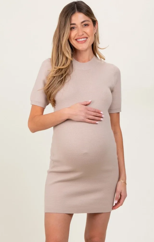 Beige Knit Short Sleeve Mini Maternity Dress