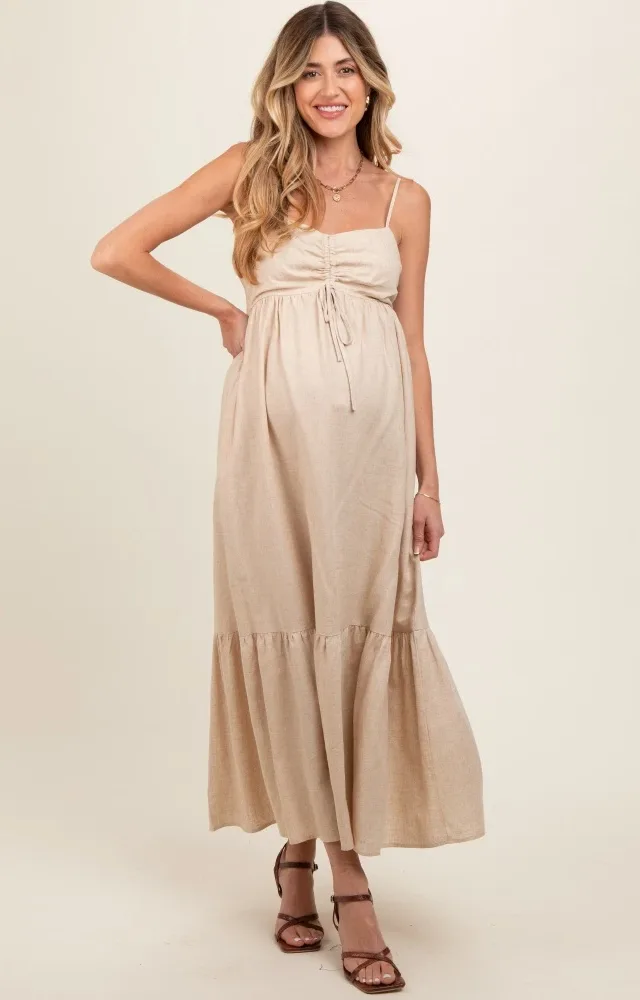 Beige Linen Front Cinch Maternity Midi Dress