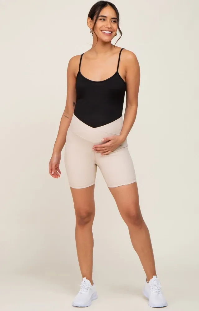 Beige Ribbed Crisscross Maternity Biker Shorts