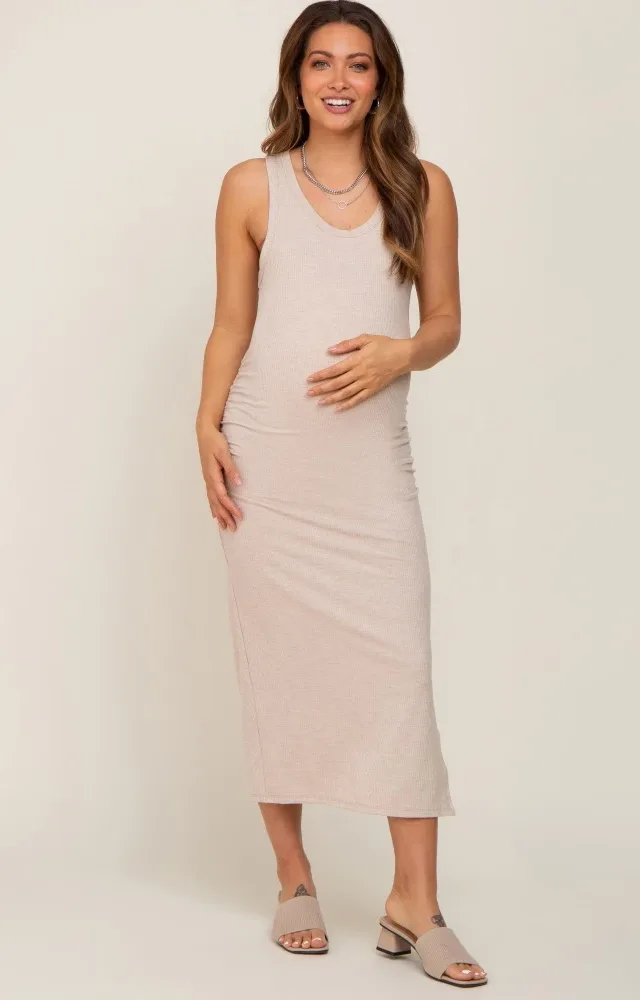 Beige Ribbed Ruched Side Slit Maternity Midi Dress