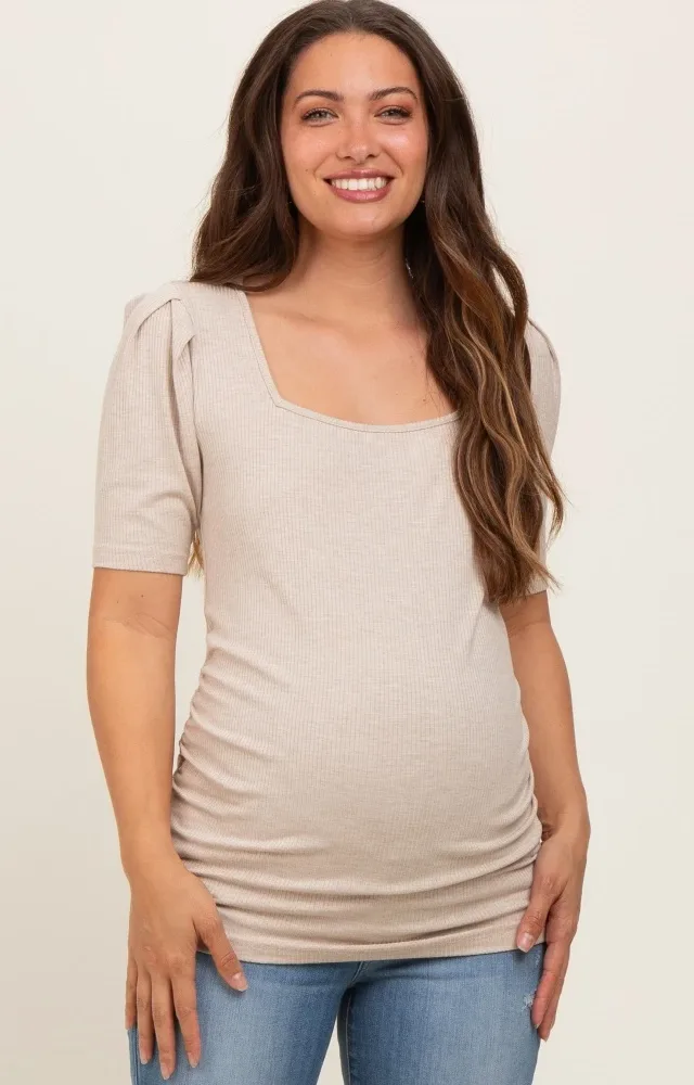 Beige Ribbed Ruched Square Neck Puff Sleeve Maternity Top