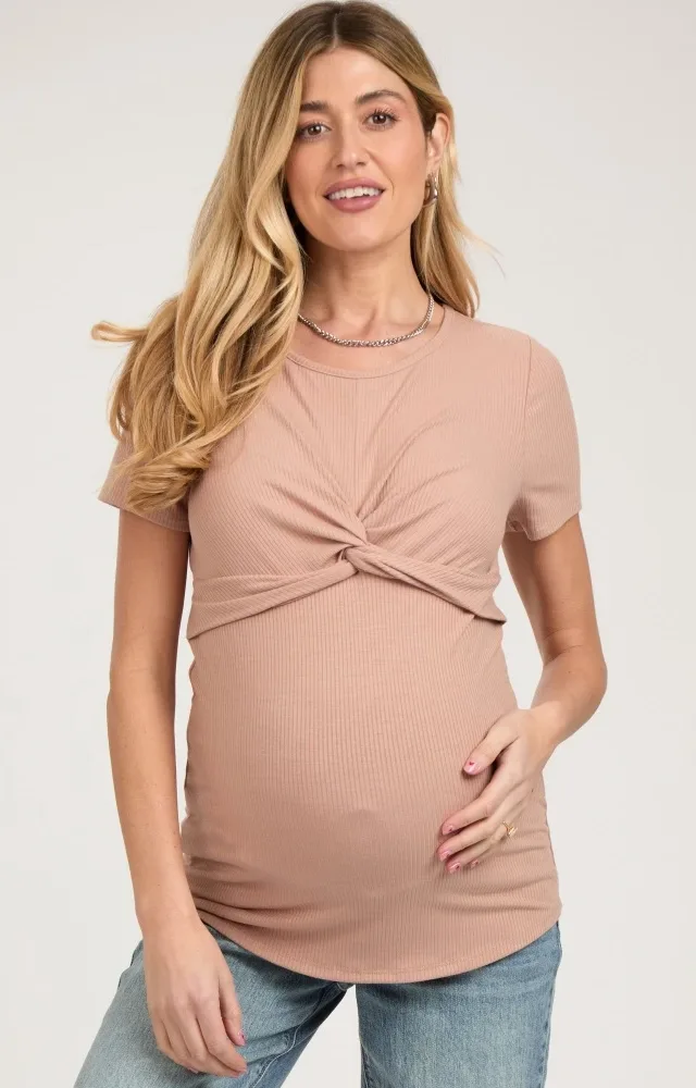 Beige Ribbed Twist Front Maternity Top