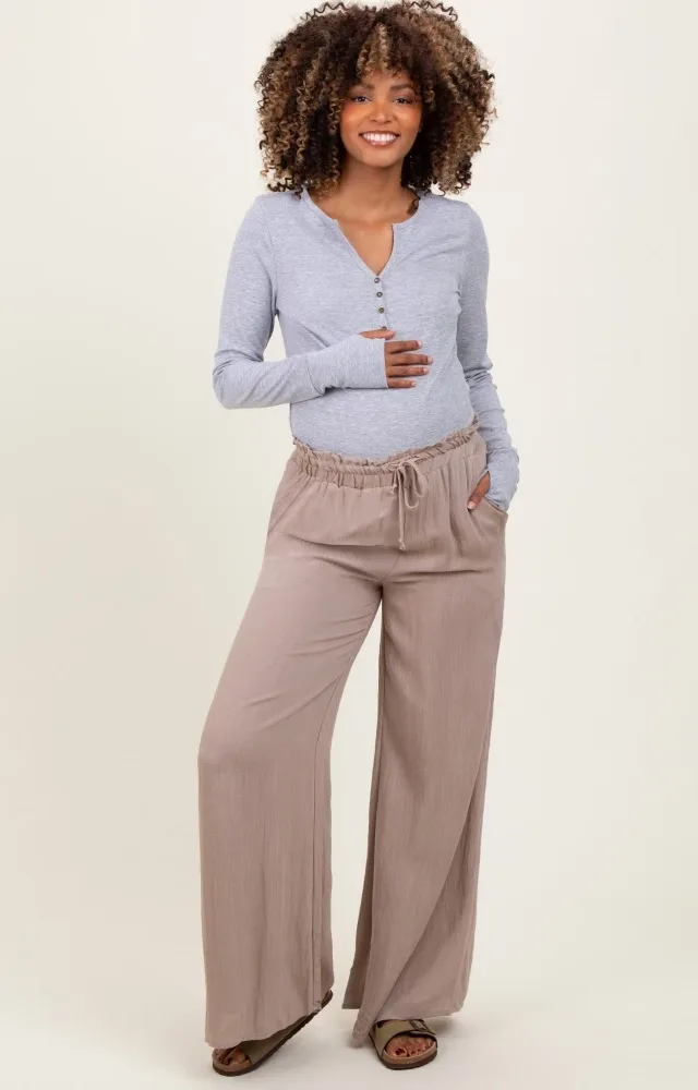 Beige Ruffled Drawstring Waist Wide Leg Maternity Pants