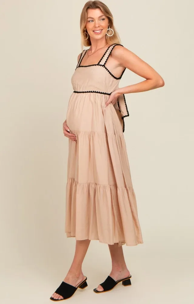 Beige Scallop Trim Tiered Maternity Midi Dress