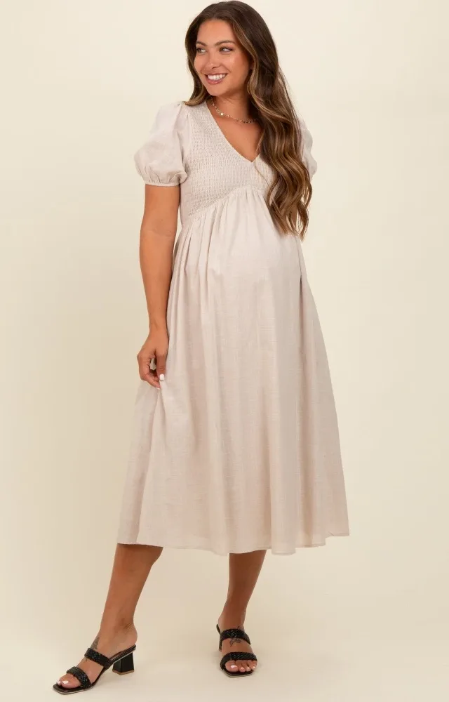 Beige Smocked V-Neck Puff Sleeve Maternity Midi Dress