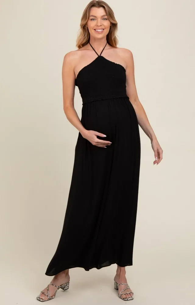 Black Back Cutout Smocked Halter Wide Leg Maternity Jumpsuit