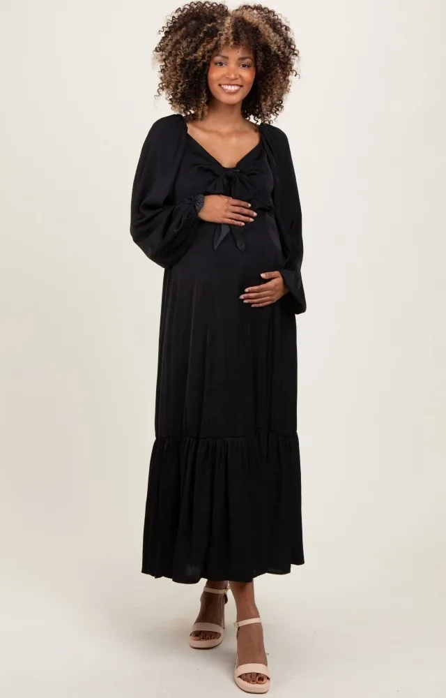 Black Bow Satin Maternity Maxi Dress