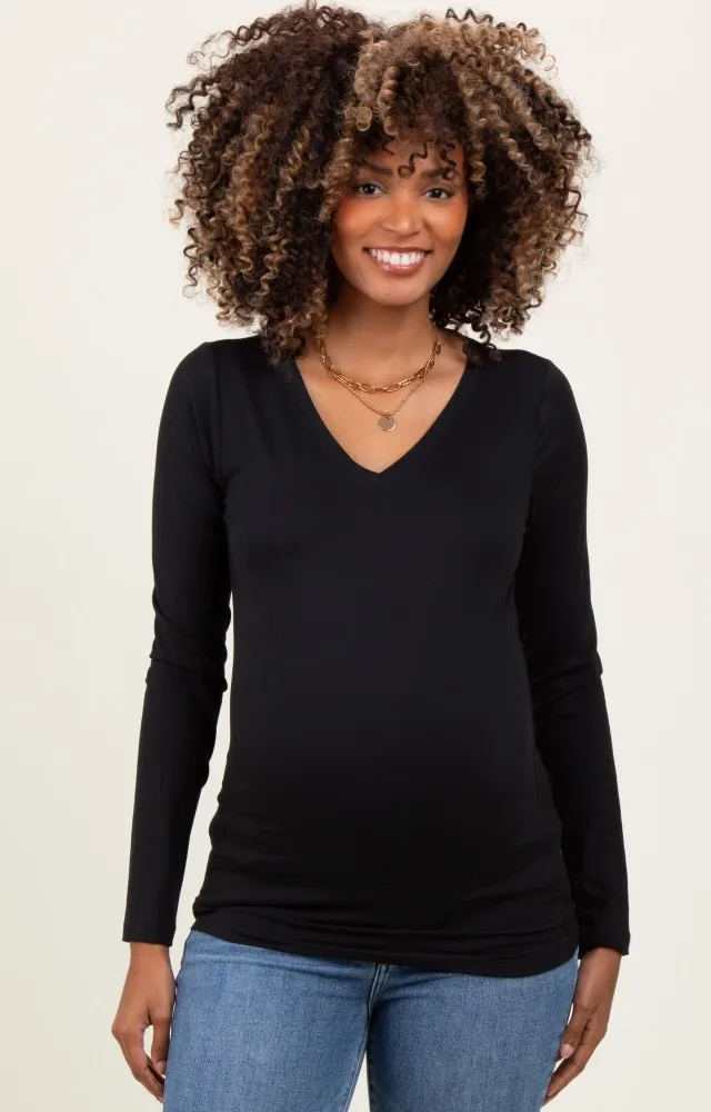 Black Brushed Knit V-Neck Long Sleeve Maternity Top