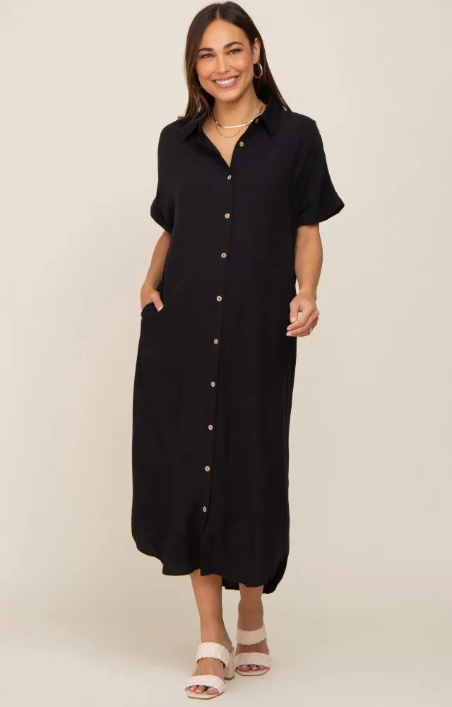 Black Button Down Maternity Midi Dress