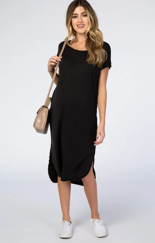 Black Faded Curved Hem Maternity Midi Dress