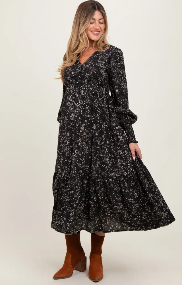 Black Floral Button Maternity Maxi Dress