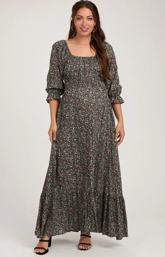 Black Floral Criss Cross Maternity Maxi Dress