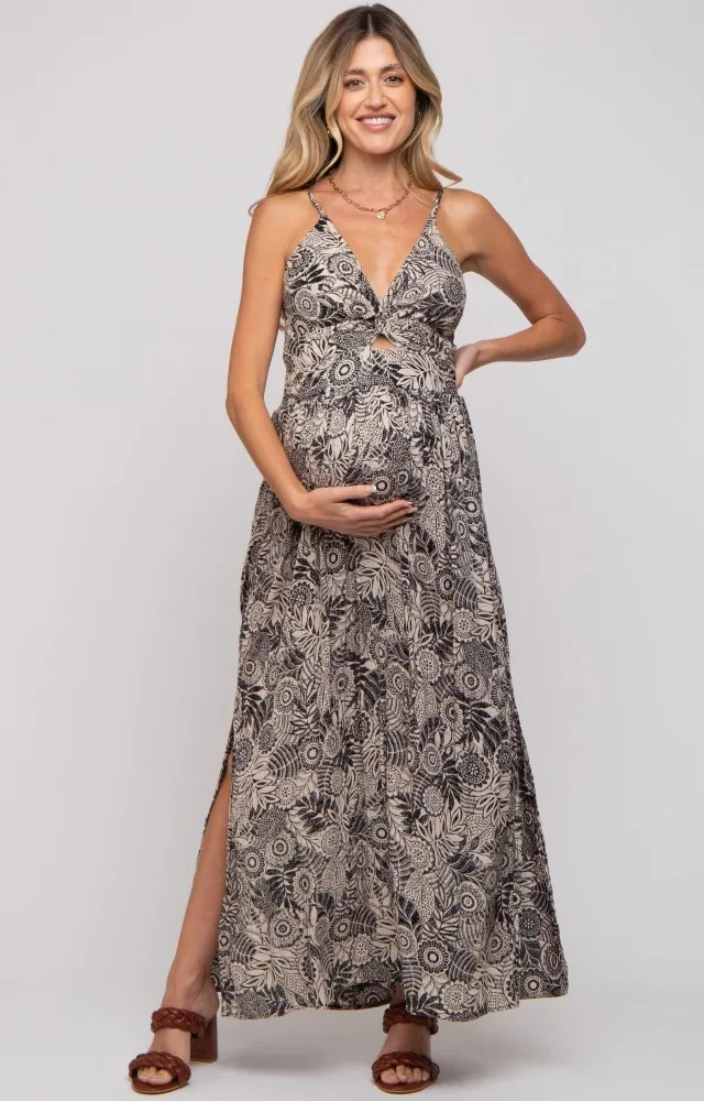 Black Floral Front Cutout Side Slit Maternity Maxi Dress