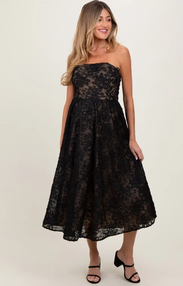 Black Floral Lace Embroidered Overlay Strapless Maternity Midi Dress