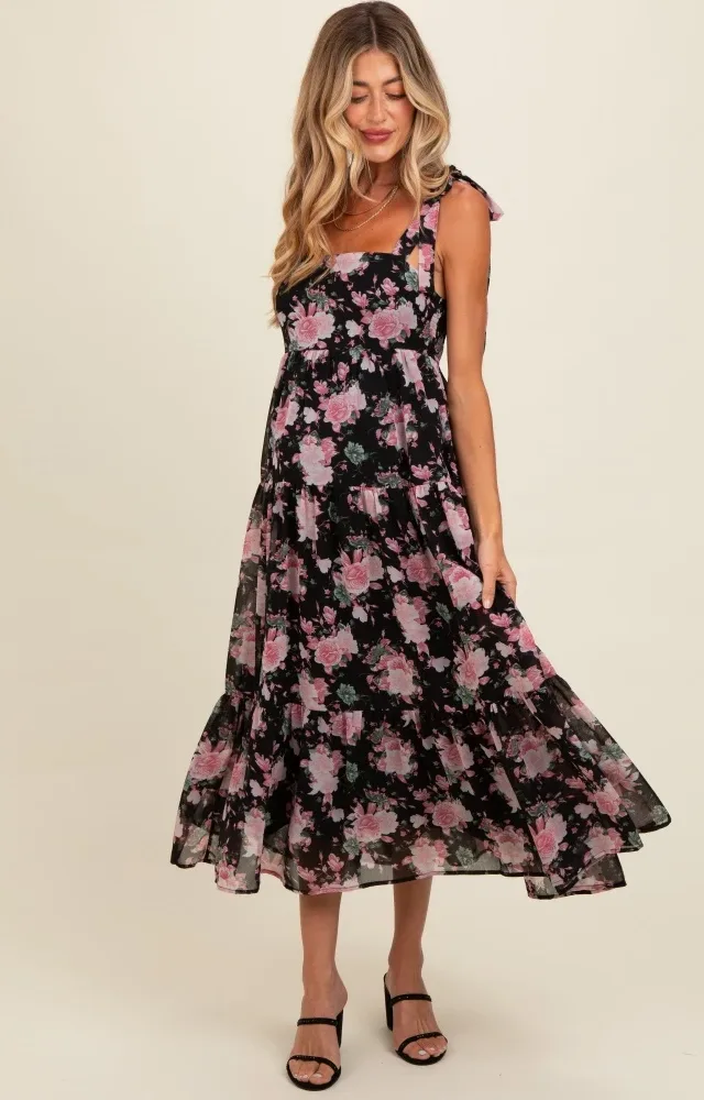 Black Floral Print Tie Strap Maternity Midi Dress