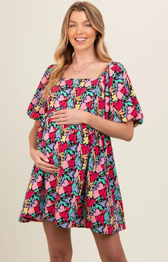 Black Floral Puff Sleeve Maternity Dress