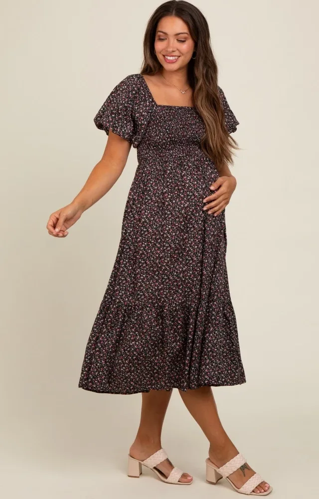 Black Floral Smocked Maternity Midi Dress