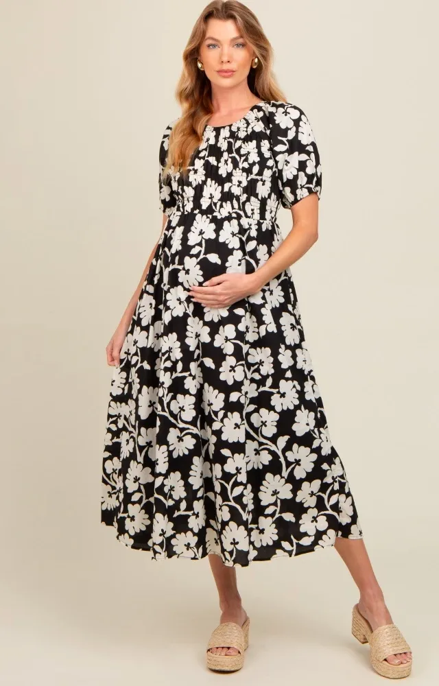 Black Floral Smocked Maternity Midi Dress