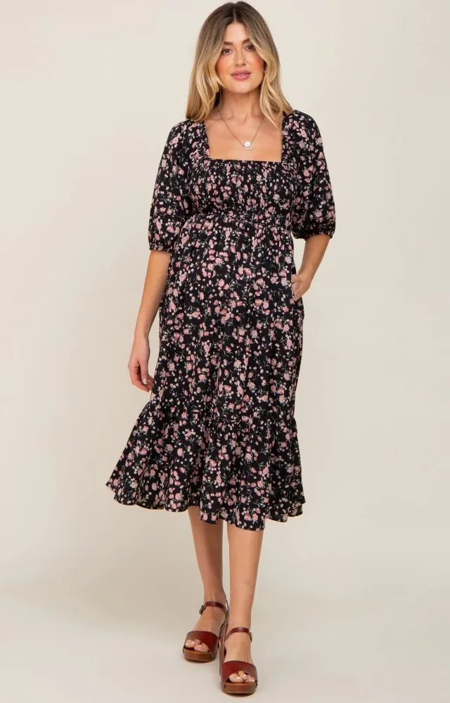 Black Floral Smocked Maternity Midi Dress