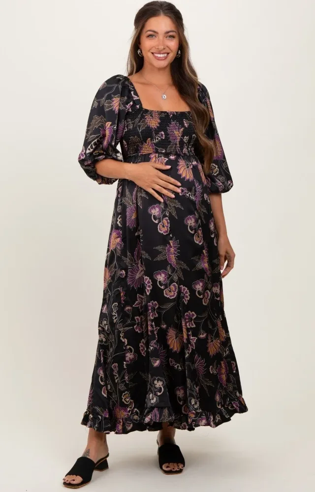 Black Floral Smocked Ruffled Hem Maternity Maxi Dress