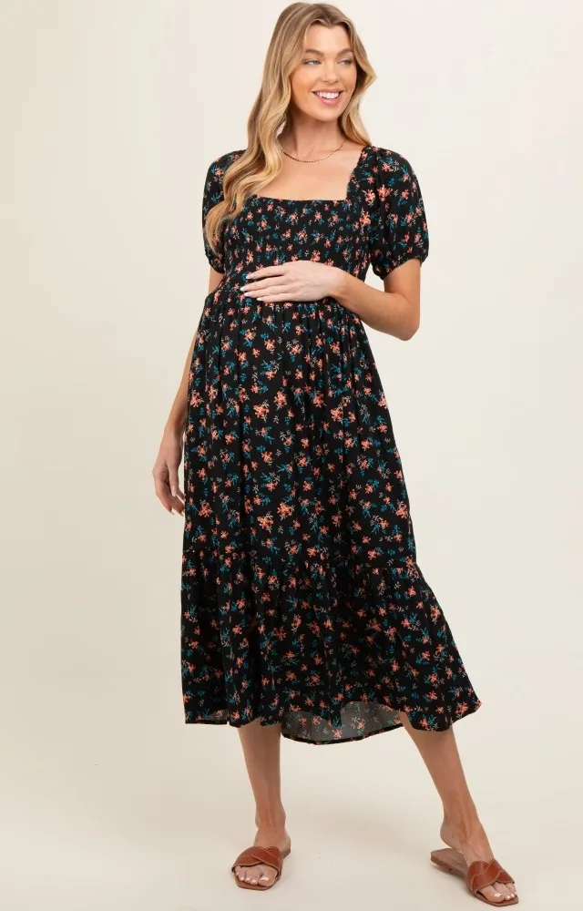 Black Floral Smocked Short Sleeve Maternity Midi Dress