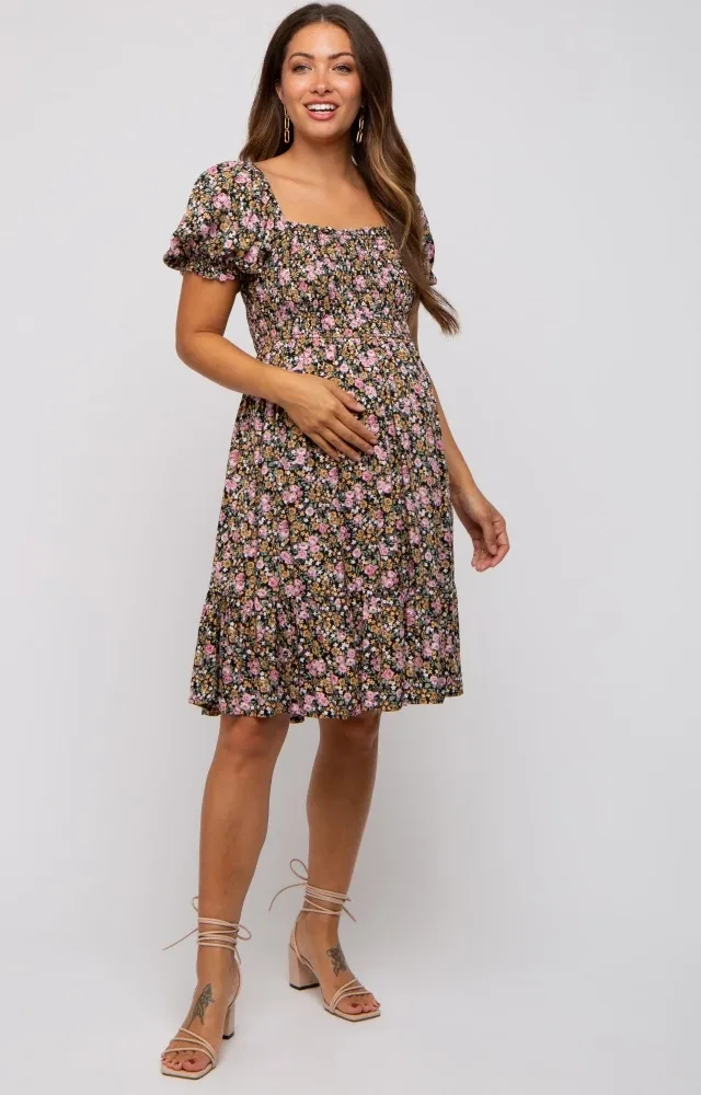 Black Floral Smocked Square Neck Short Sleeve Maternity Dress