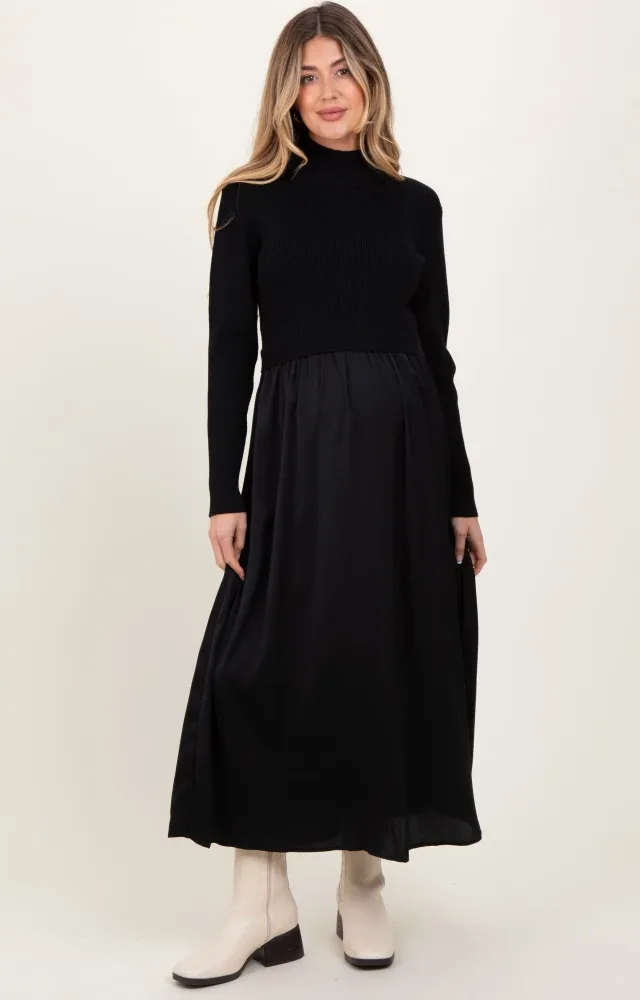 Black Knit Contrast Top Satin Maternity Midi Dress