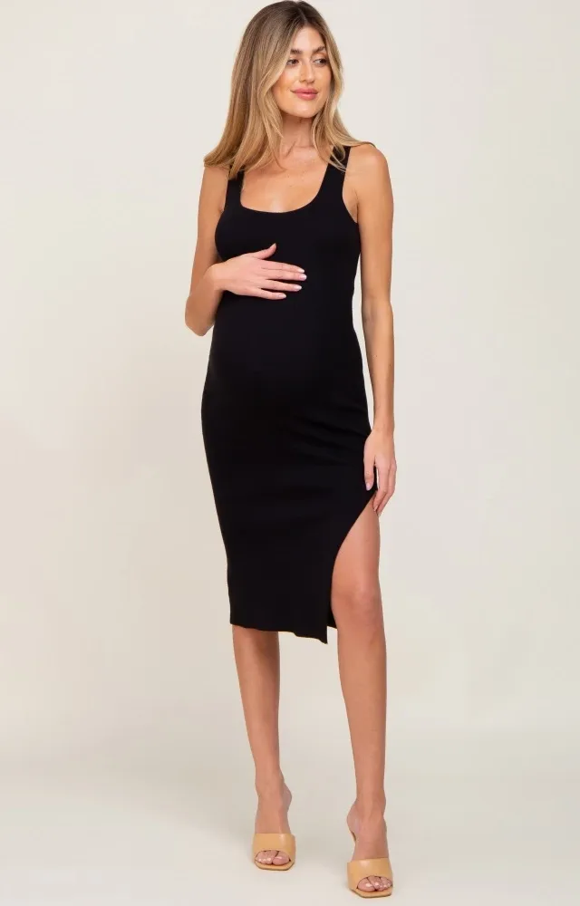 Black Knit Fitted Maternity Midi Dress